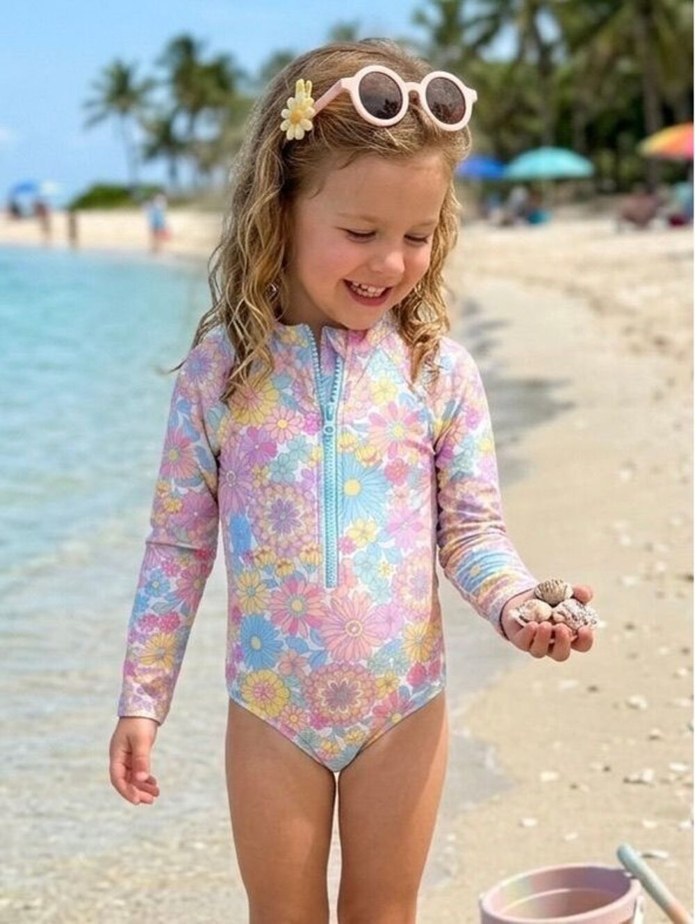 Wonder Nation Girls' Long Sleeve Floral Zip Front Swimsuit XS (4-5)